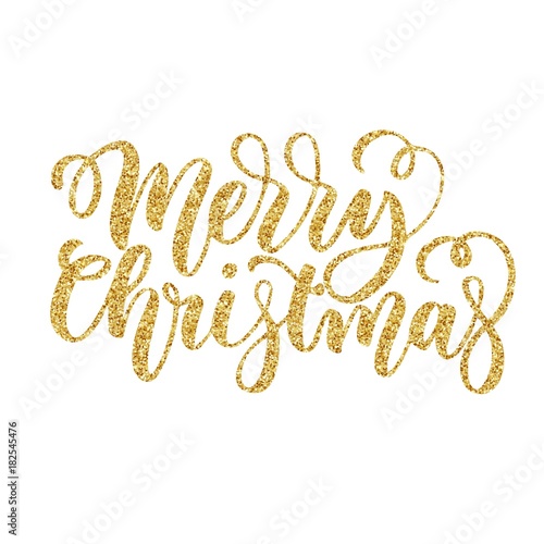 Merry Christmas brush fancy hand lettering with golden glitter texture effect on white background. Vector illustration. Can be used for holidays festive design.
