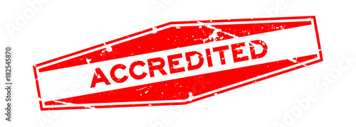 Grunge red accredited word hexagon rubber seal business stamp on white background