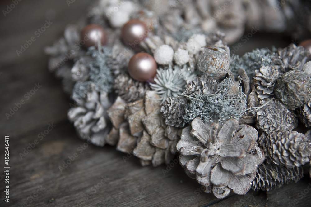 Christmas wreath on a wooden background and place for text Christmas wreath on a wooden background and place for text