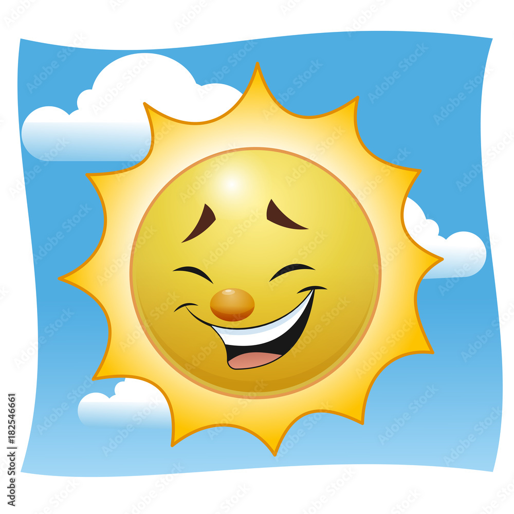 A laughing cartoon sun. Against a blue sky with clouds. Vector illustration.