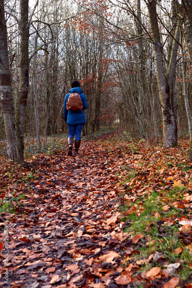 Woman walking through woodland alone, dressed warmly Woman walking through woodland alone, dressed warmly