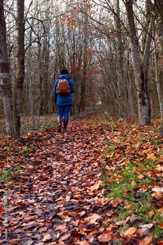 Woman walking through woodland alone, dressed warmly