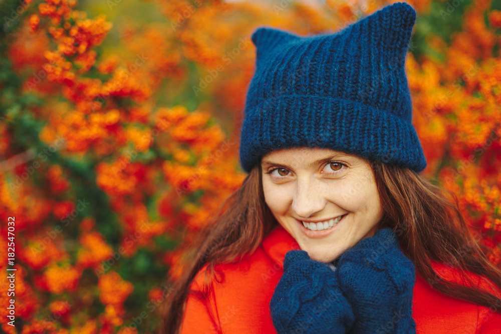 Model wearing stylish winter beanie hat and gloves Model wearing stylish winter beanie hat and gloves
