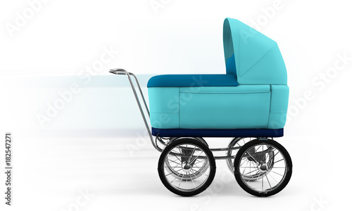 Retro baby stroller isolated on white background. For boy. 3d rendering.