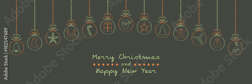 Christmas card with hand drawn baubles with icons. Vector.