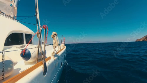 Luxury yacht boat sailing on the rippling Aegean sea with small waves towards island on background. View from right hull.