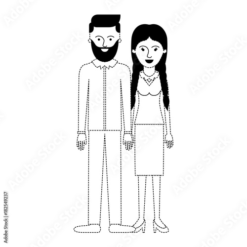 couple in black dotted silhouette and him with beard and shirt and pants and shoes with side parted hairstyle and her with blouse and skirt and heel shoes with braided hair vector illustration