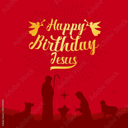 Happy birthday jesus with scenery mary and joseph in a manger with baby Jesus  on red background vector design