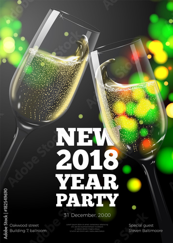 Vector New Year poster, invitation template with transparent champagne glasses on bright background with blurred xmas tree.