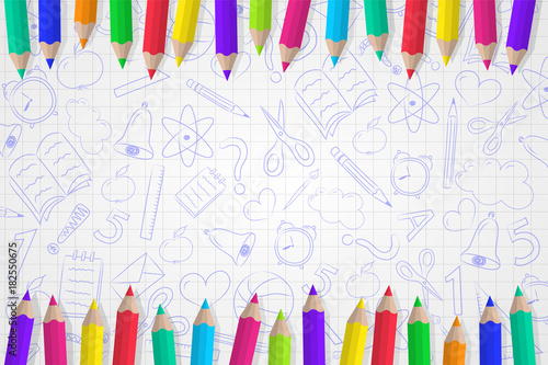 Concept of school background with coloured pencils and funny sketch. Vector.