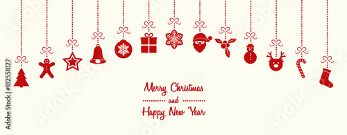 Design of Christmas card with wishes and hanging decorations. Vector.