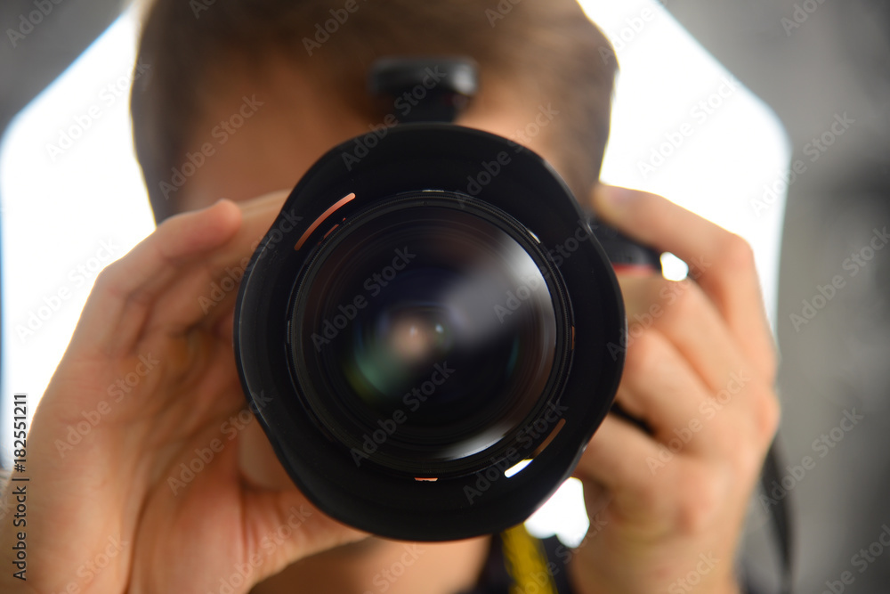 Man photographer journalist reporter operator selfie in mirror. Camera photo shot. Man photographer journalist reporter operator selfie in mirror. Camera photo shot.