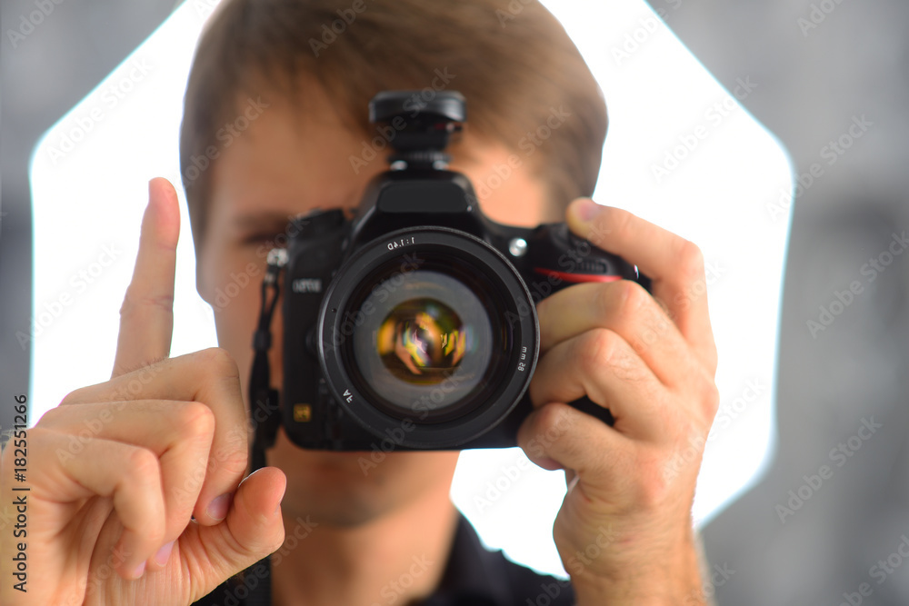 Hand finger gestures. Man photographer journalist reporter operator selfie in mirror. Camera photo shot. Hand finger gestures. Man photographer journalist reporter operator selfie in mirror. Camera photo shot.