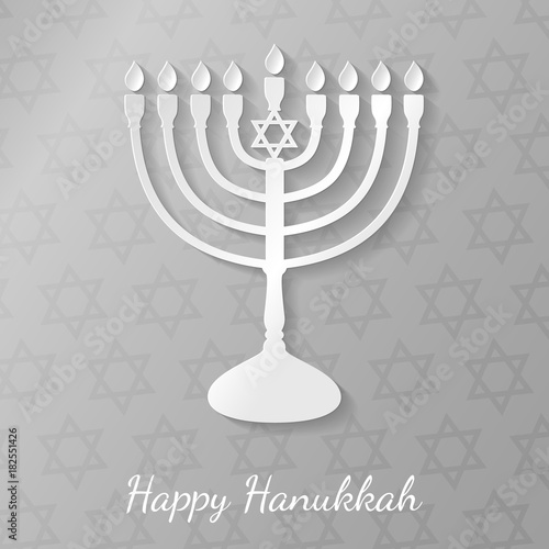 Concept of card for Happy Hanukkah with menorah and greeting. Vector.