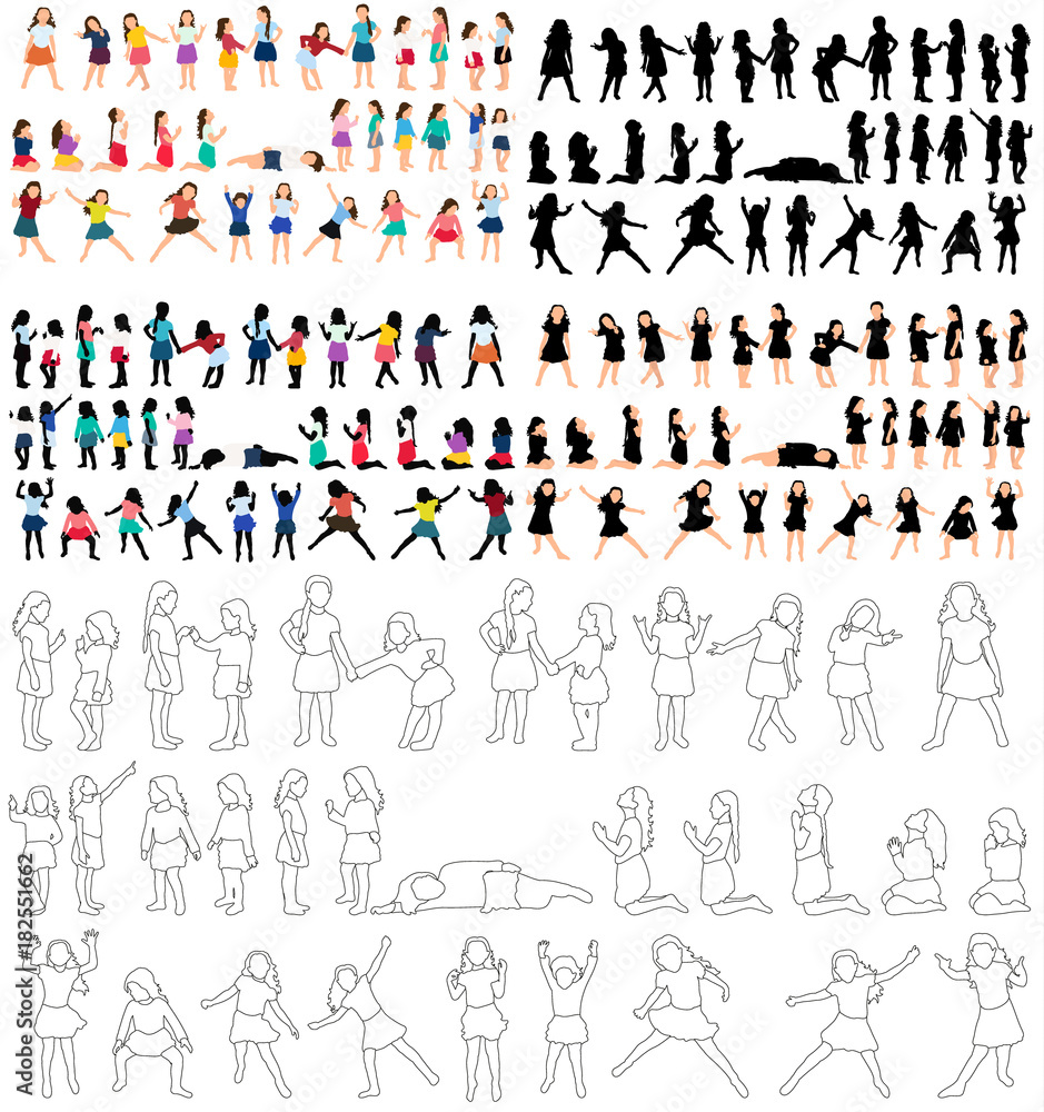  isolated silhouettes of children, collection of sketches