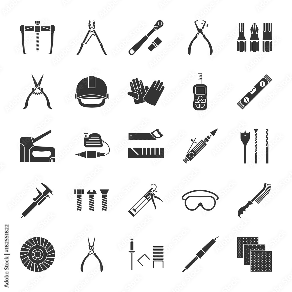 Construction tools glyph icons set - obrazy, fototapety, plakaty 