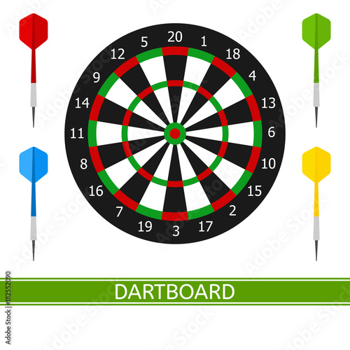 Vector illustration of darts and dartboard with numbers isolated on white background, in flat style.
