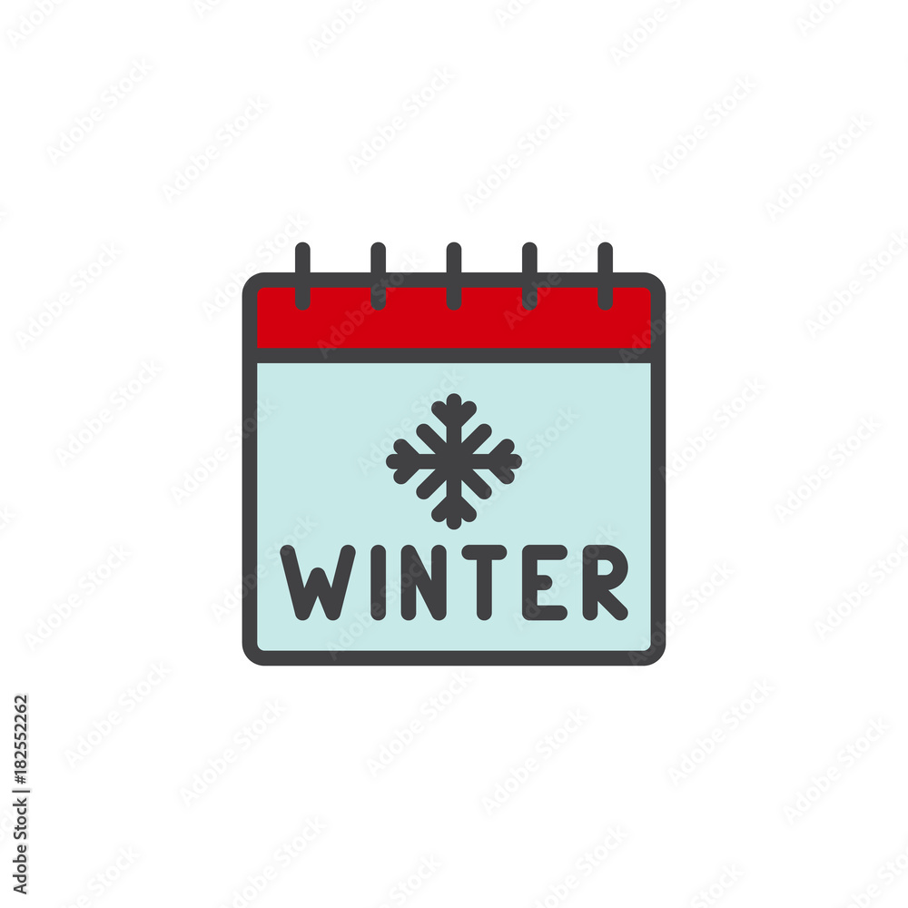 Winter calendar with snowflake filled outline icon, line vector sign, linear colorful pictogram isolated on white. Holiday schedule symbol, logo illustration. Pixel perfect vector graphics Winter calendar with snowflake filled outline icon, line vector sign, linear colorful pictogram isolated on white. Holiday schedule symbol, logo illustration. Pixel perfect vector graphics