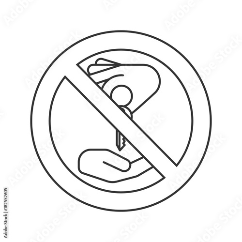 Forbidden sign with hand giving key to another hand linear icon
