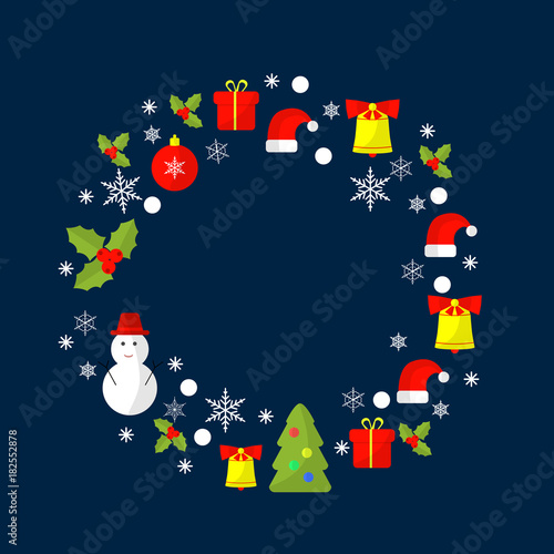 Merry Christmas and Happy New Year flat design background for greeting card, invitation, poster, flyer. © liagloss