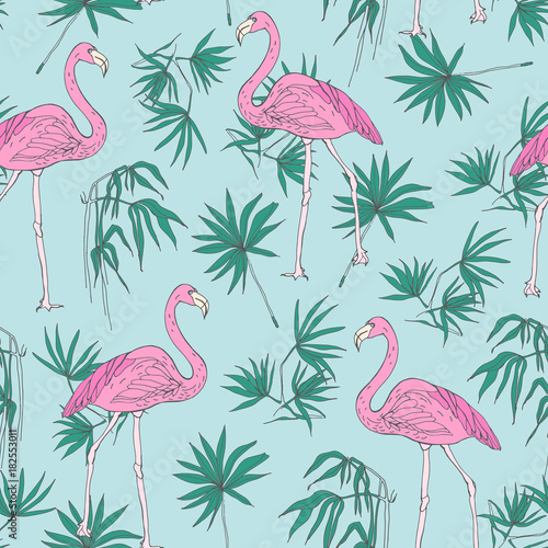 Beautiful tropical seamless pattern with pink flamingo birds and green jungle palm foliage hand drawn on blue background. Vector illustration for backdrop, wallpaper, fabric print, wrapping paper.