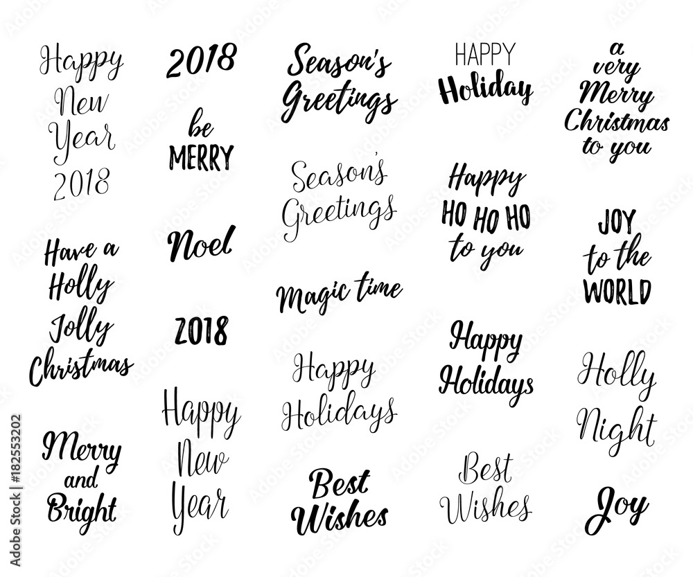 Happy New year and Merry Christmas hand lettering set for greeting cards. Vector winter holiday wishes, overlays.