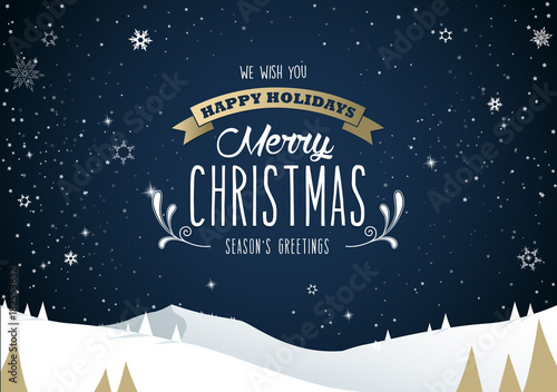 Winter mountain landscape scenery, Merry Christmas text with pine trees and stars.