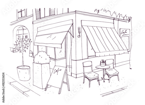 Freehand drawing of european sidewalk cafe or restaurant with table and chairs standing on city street beside building. Vector illustration drawn with black contour lines on white background.