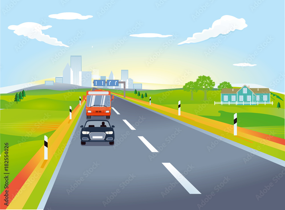 Landstraße mit Autoverkehr, Illustration
