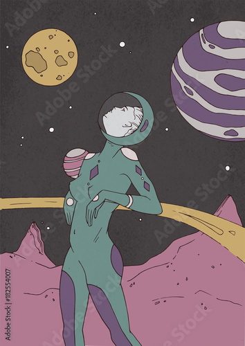 Woman dressed in space suit standing on surface of uninhabited planet and looking up. Girl in helmet watching stars and celestial bodies. Female science fiction character. Modern vector illustration.