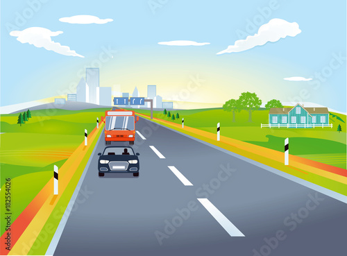 Landstraße mit Autoverkehr, Illustration