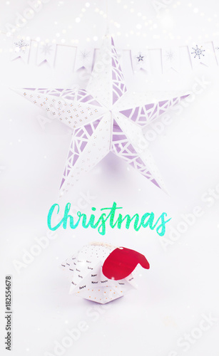 Christmas Decoration with star gift box  with christmas star and garland snow for holidays best background image for Holiday invitation and banners