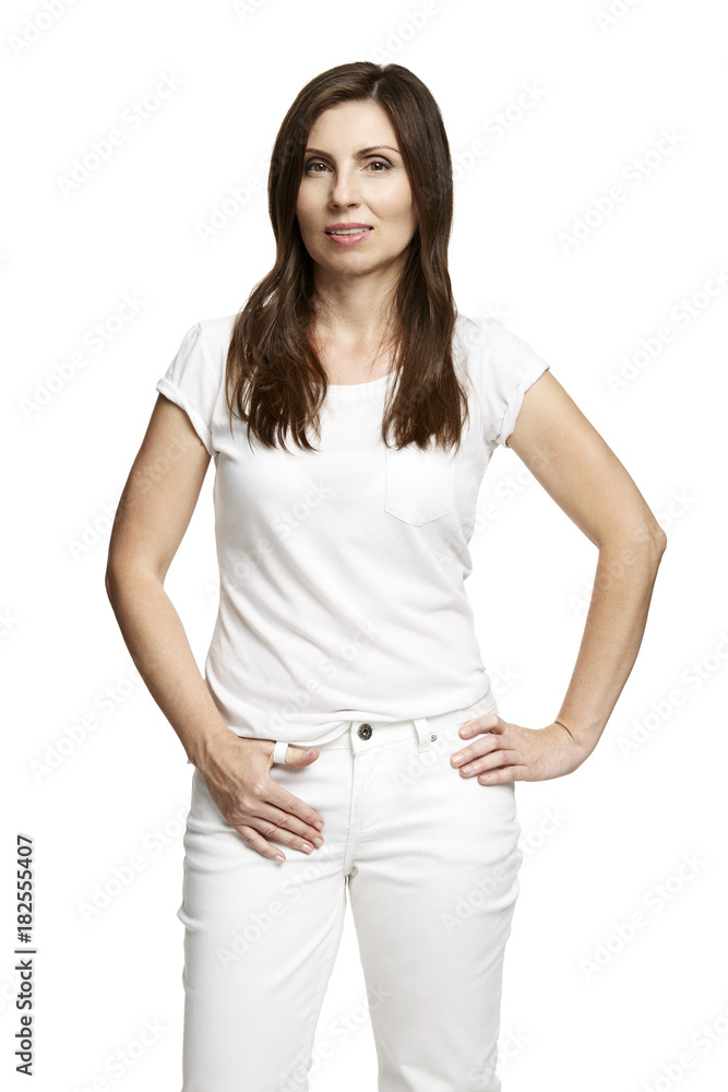 Brunette in White Dress on white background Brunette in White Dress on white background