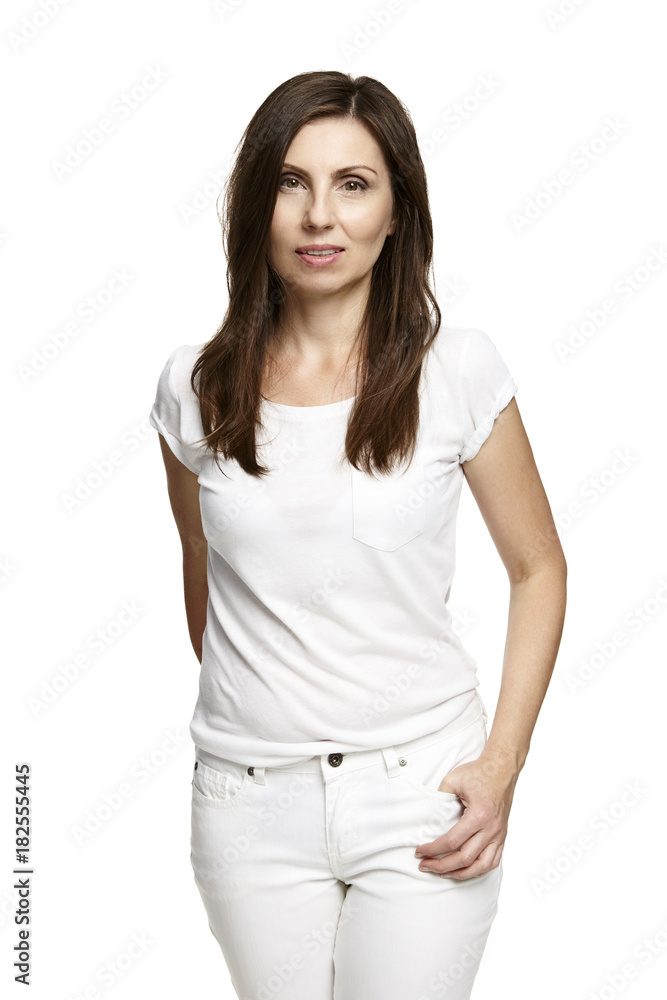 Brunette in White Dress on white background Brunette in White Dress on white background