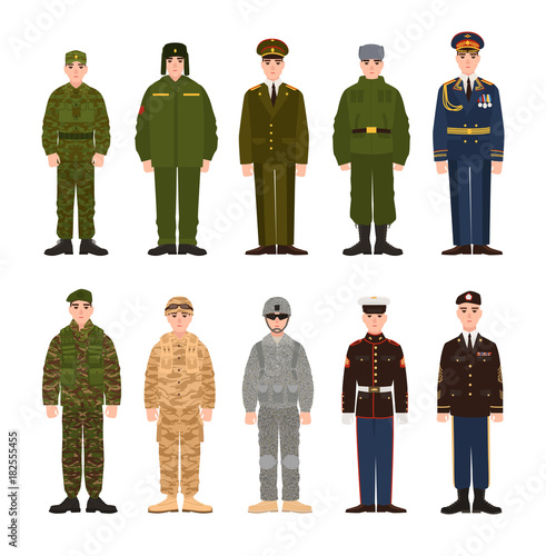 Collection of Russian and American military people or personnel dressed in various uniform. Bundle of soldiers of Russia and USA. Set of flat cartoon characters. Modern colorful vector illustration.