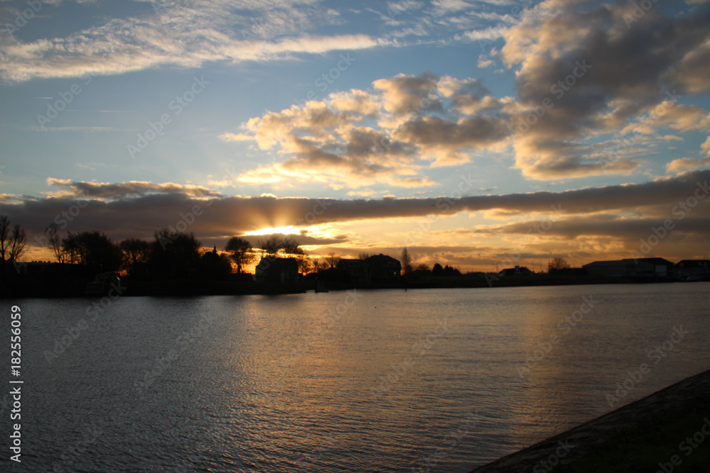 Sunrise above River Hollandse IJssel in the Netherlands