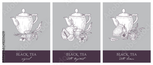 Collection of beautiful labels with teapot, cup, black tea leaves, flowers, bergamot and lemon. Hand drawn set of tasty naturally flavored drinks. Detailed vector illustration in vintage style.