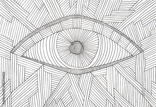 Hand made illustration of an eye  made of many black parallel lines and concentric circles  on white background.