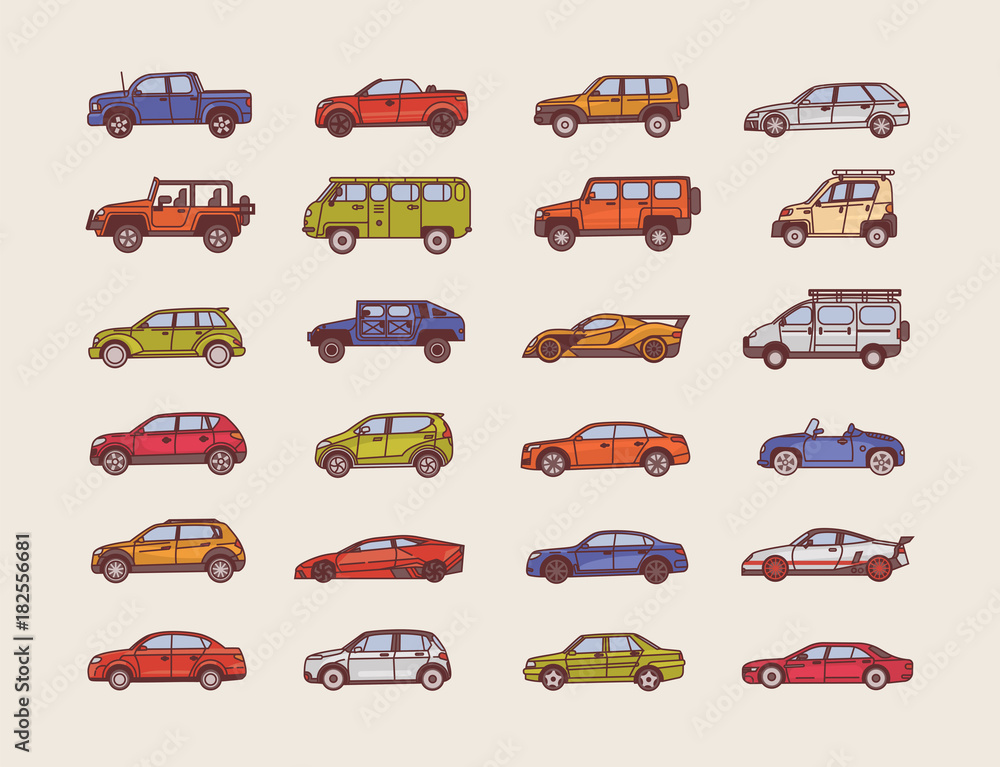 Big collection of cars of various body configuration styles - cabriolet, sedan, pickup, hatchback. Set of modern automobiles of different types. Colorful vector illustration in line art style.