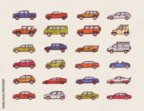 Big collection of cars of various body configuration styles - cabriolet, sedan, pickup, hatchback. Set of modern automobiles of different types. Colorful vector illustration in line art style.