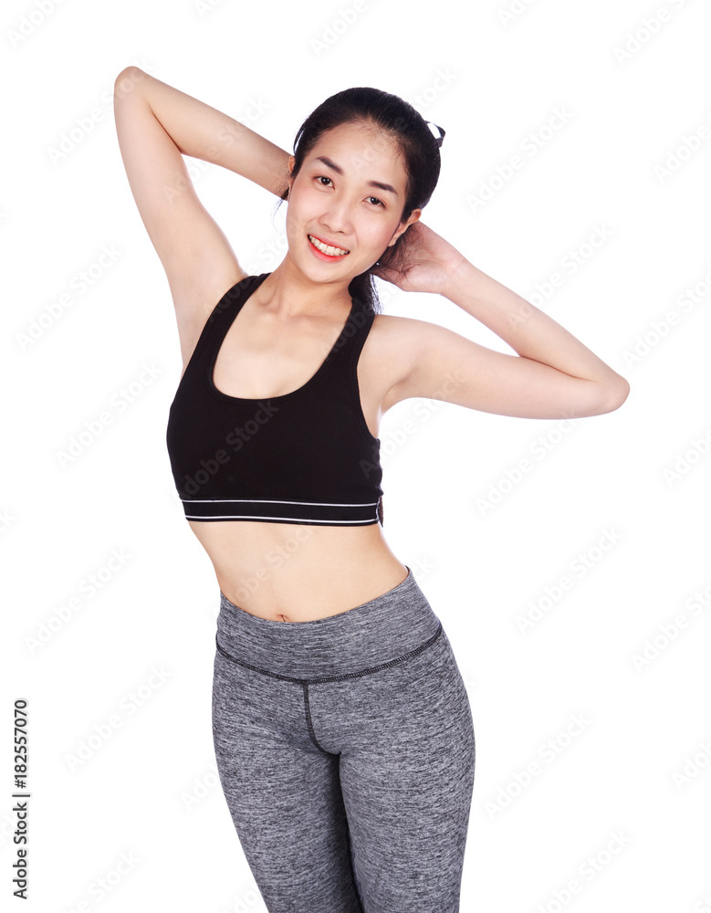fitness woman stretching the muscles of her arms isolated on white background