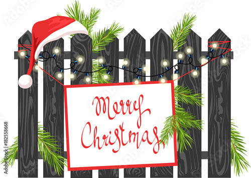 Christmas glowing wooden signboard with spruce garland and decorative balls