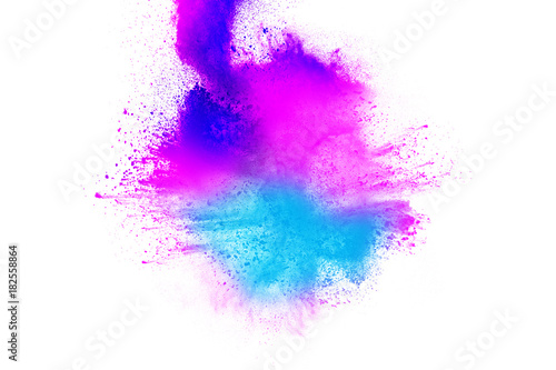 abstract explosion of blue-pink dust on white background.Abstract blue-pink powder splatter on white  background. Freeze motion of blue-pink powder splash.