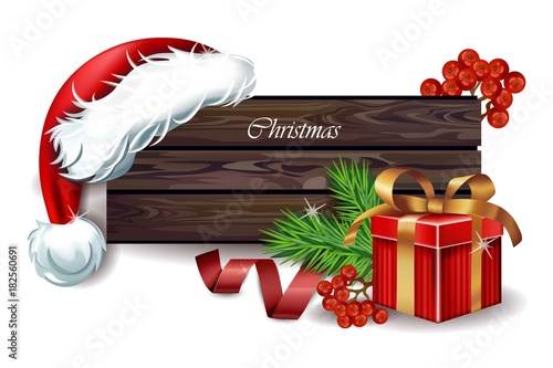 Wood sign for winter holidays background Vector. Red Santa hat and baubles de...