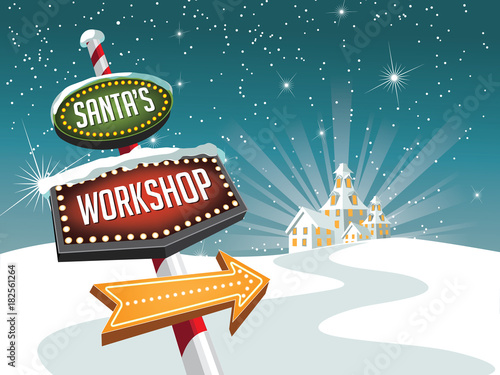 Retro sign pointing to Santa's workshop at the North Pole. With copy space. EPS 10 vector illustration.