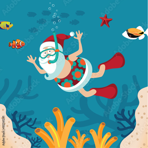 Cartoon Santa Claus snorkeling after Christmas or on vacation or Boxing Day. EPS 10 vector illustration.