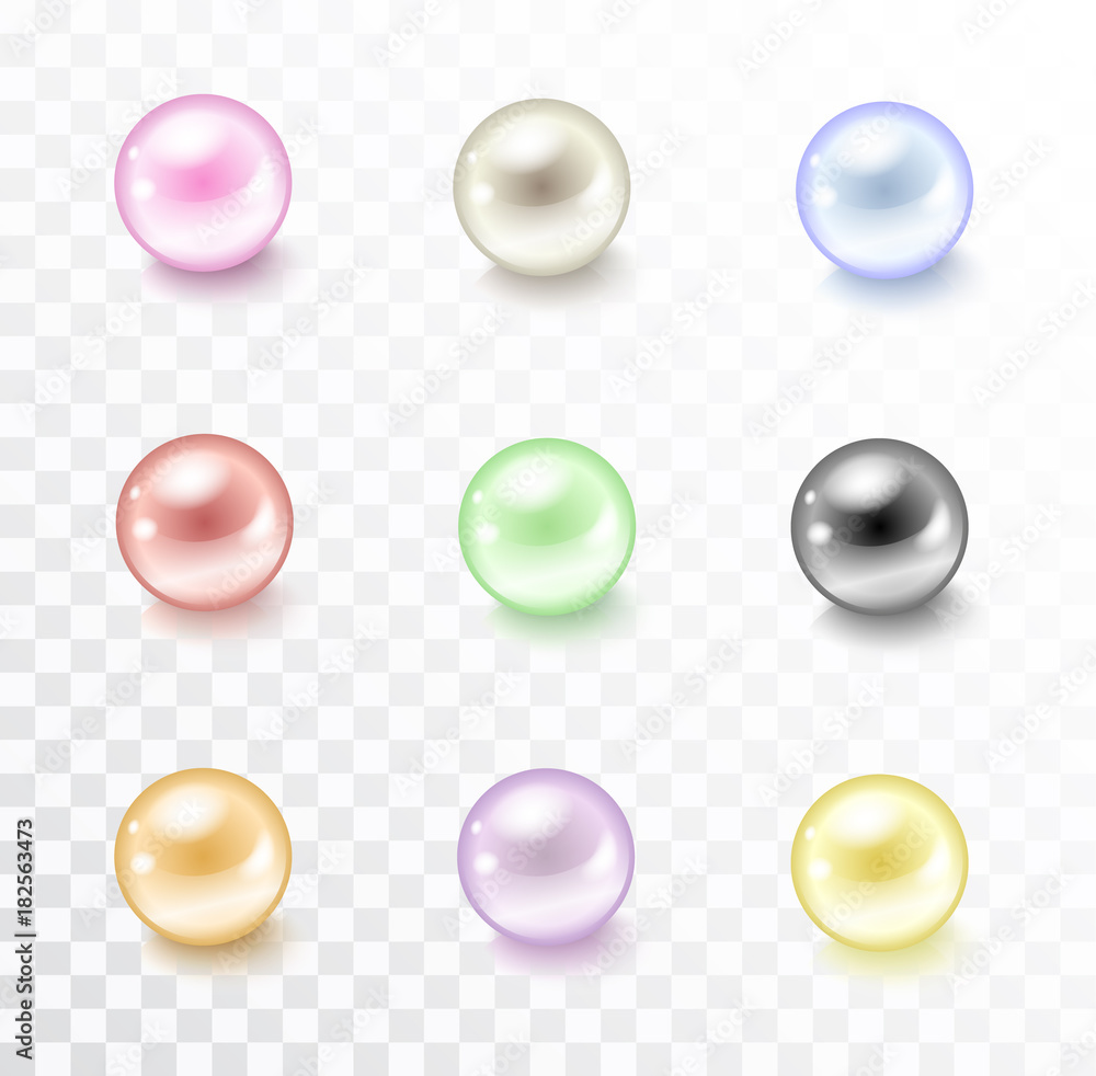 Vector realistic shiny colorful pearls collection isolated on transparent background