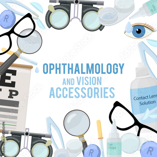 Set of medical optometry accessory for correct vision - contact lens, solution, lens case eye test chart, glasses. Vector