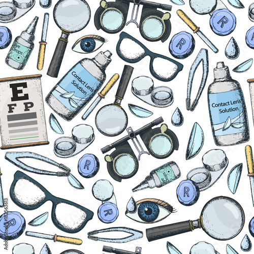 Seamless pattern of medical optometry accessory for correct vision - contact lens,  solution, lens case eye test chart, glasses. Vector