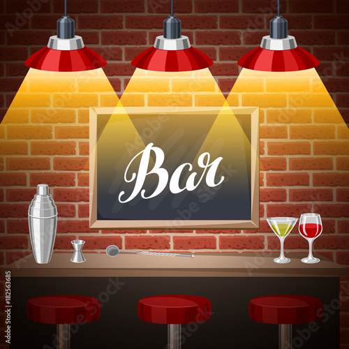 Bar counter in pub or night club. Illustration of interior with accessories, beverages and cocktails